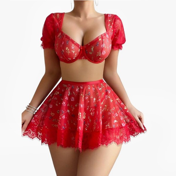 Flower Embroidery Skirt Sets Skirt Tail Lace Backless Deep V Suspenders Short Sleeves