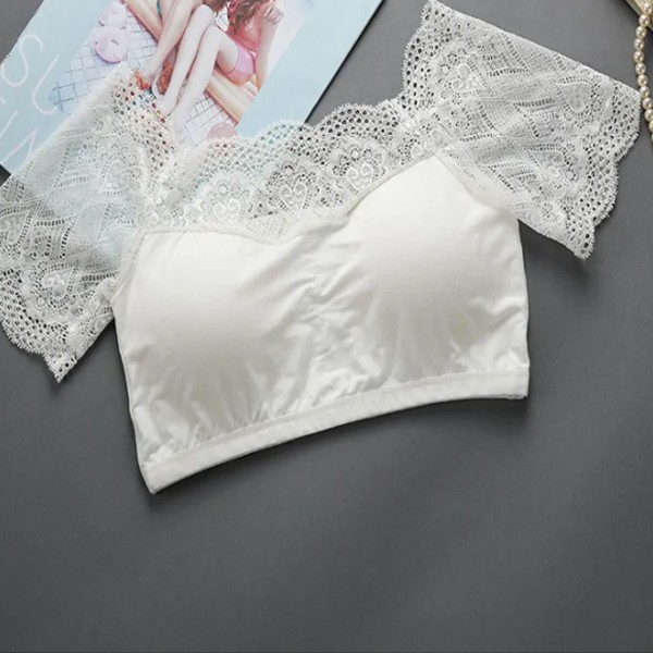 Lace Off Shoulder Crop Tops with Pads Short Sleeve Bralette Camisole