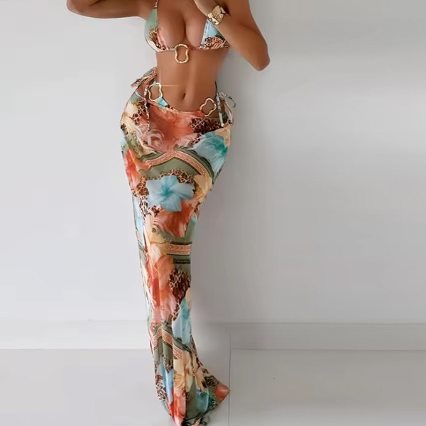 Vintage Pink Floral Print Bikini Women Sexy Metal Ornament Push Up Thong Swimsuit