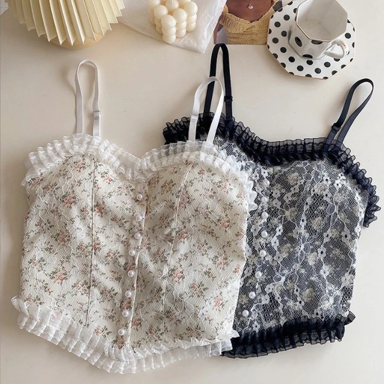 Camisole Floral Print Spliced Lace No Steel Ring Vest Female Tops